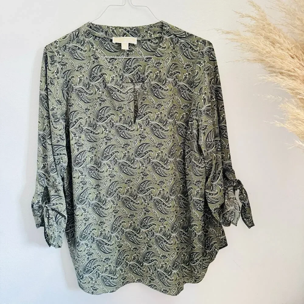MICHAEL KORS Sage Green White Pasiley Tie Sleeve Tunic $120 Blouse Top Shirt 2X